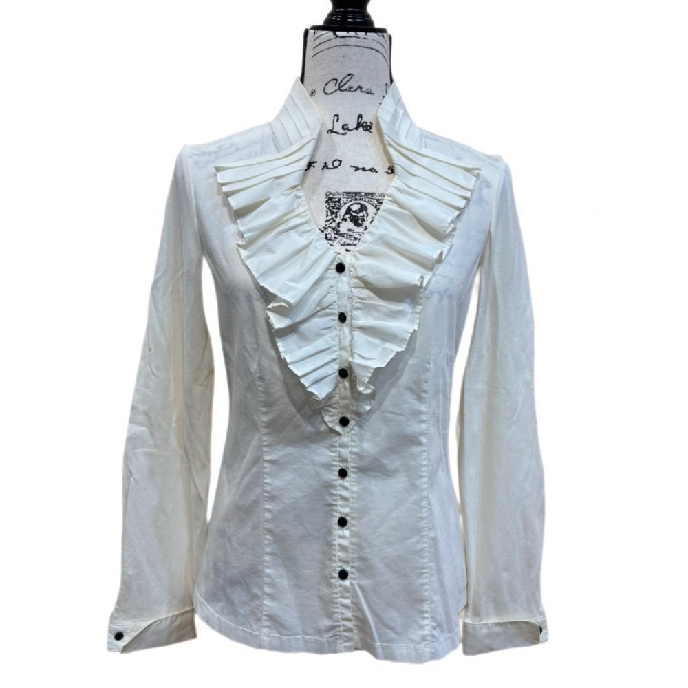 NIC+ZOE Tuxedo-Inspired Ruffled Lapel Button Blouse Off-White Size S